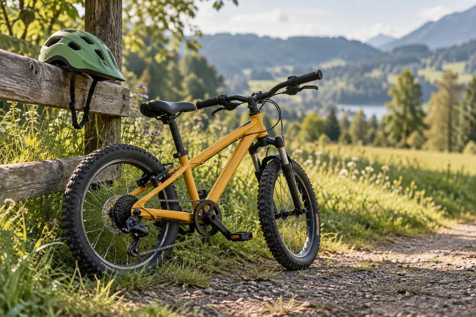 Kleines gelbes Mountainbike und Fahrradhelm am Wiesenrand