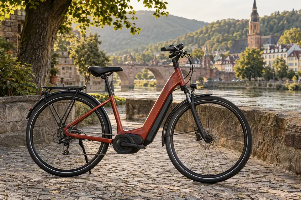 Elektrisches Trekkingrad mit tiefem Einstieg an einem Flussufer
