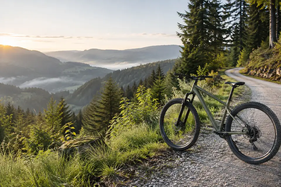 Olivgrünes Hardtail an einem Schotterweg im bewaldeten Mittelgebirge