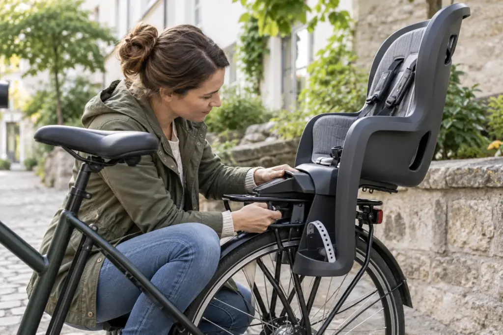 Fahrrad mit montiertem Kindersitz. Symbolbild.