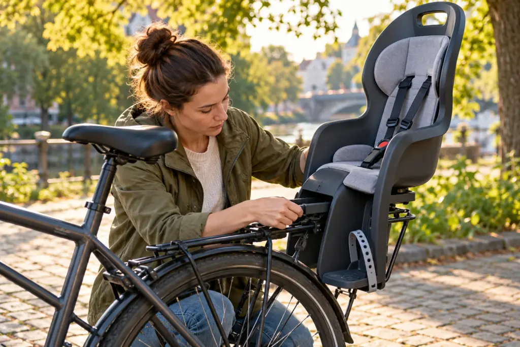 Fahrrad mit montiertem Kindersitz. Symbolbild.