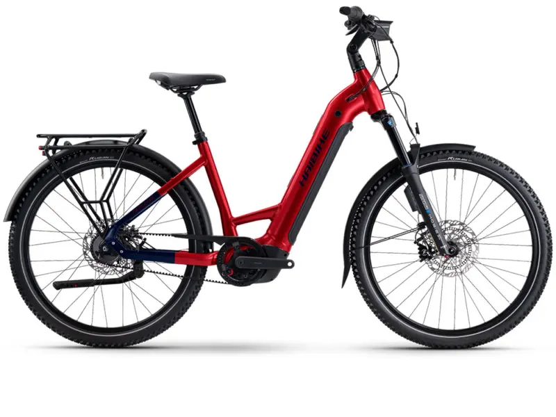 Haibike Trekking 9 ABS Low | Trekking E-Bike | 27,5" | 800Wh Bosch CX | dynamitrot / blau Größe: 38 cm