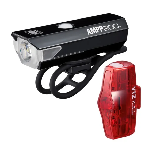 Cateye AMPP 200 Front & VIZ 100 Rear Bike Light Set - USB Rechargeable - Black, Red and Clear - 62 g